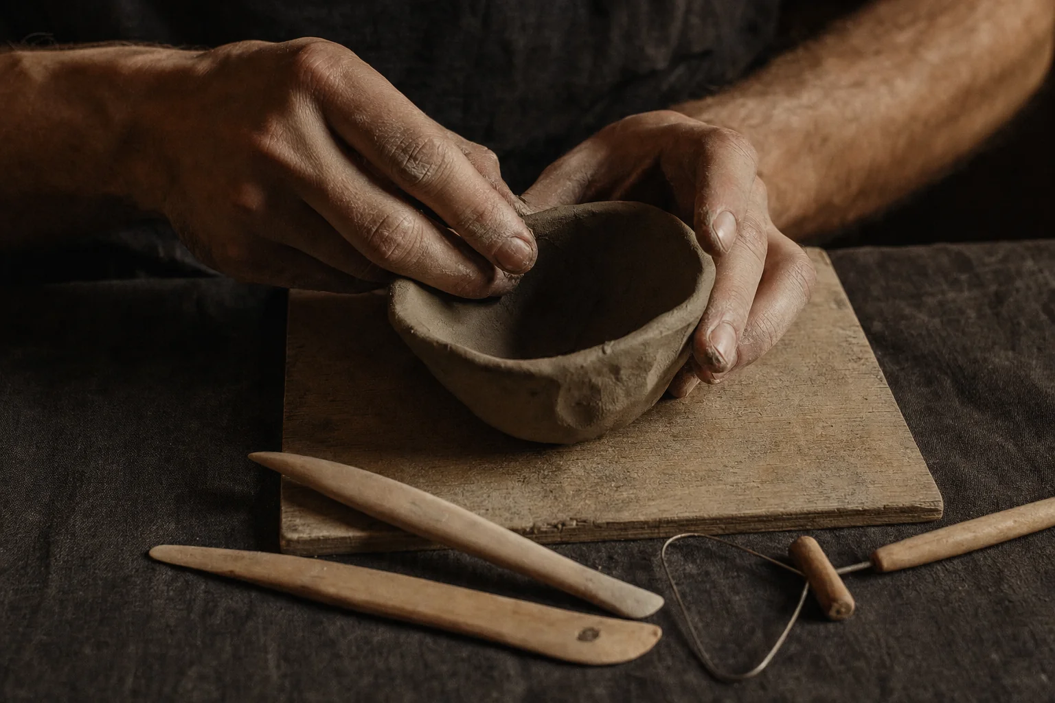 Hands shaping a small bowl from clay on a wooden board, with wooden modelling tools